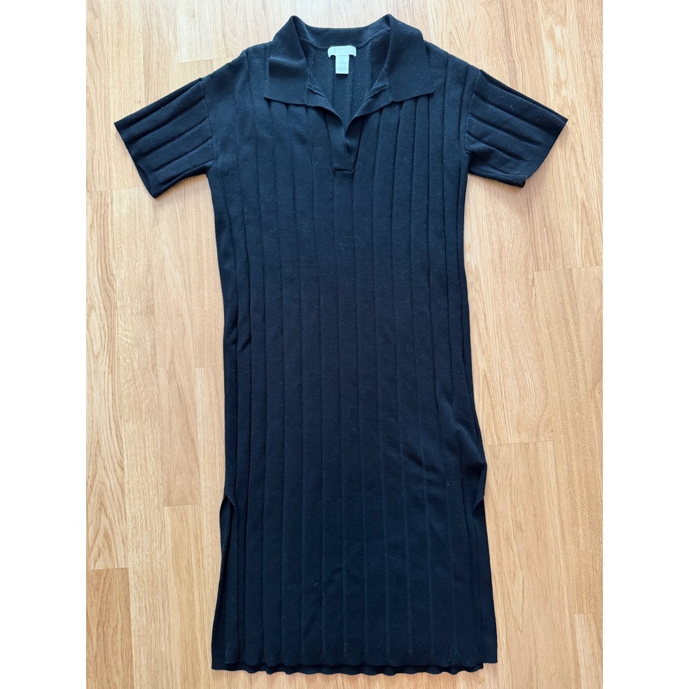 H&M Black Ribbed Knit Polo Midi Dress Short Sleeve V-Neck Side Slit Size Small - Picture 2 of 5